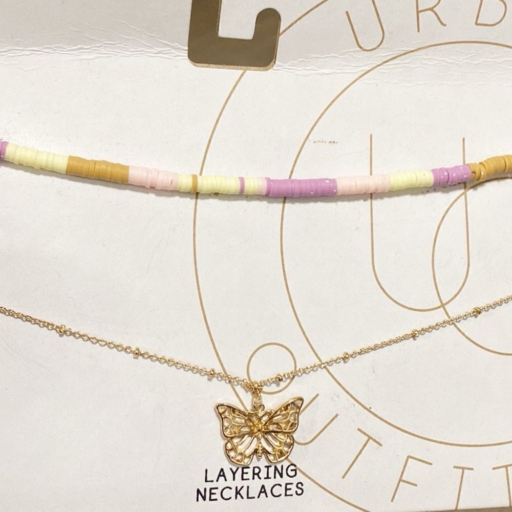 Urban Outfitters Layering Choker Necklace Set Butterfly Charm + Multicolor Beads